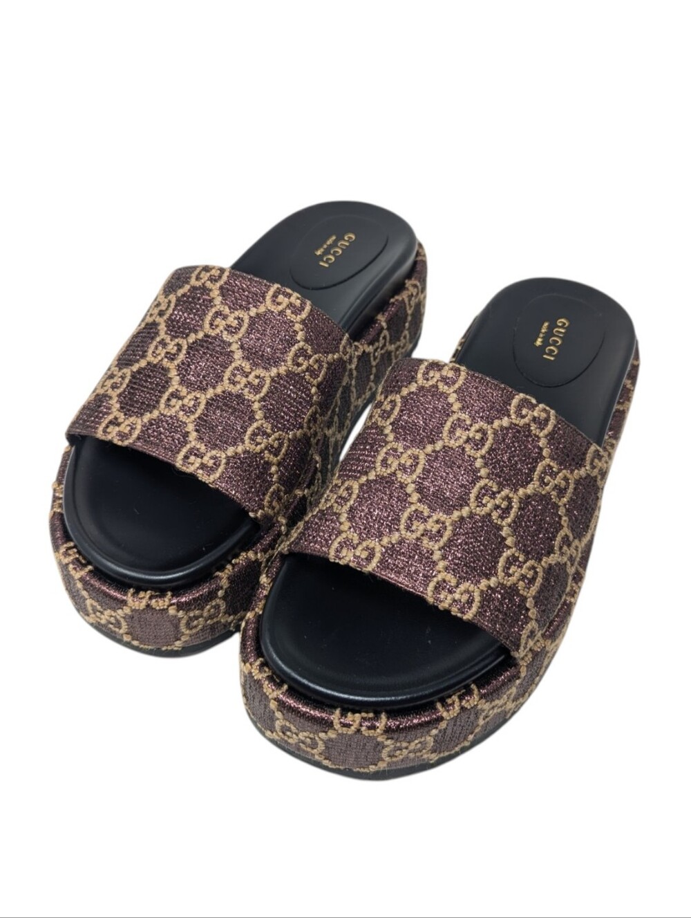 Gucci Brown Monogram Lame Angelina Platform Slide Sandals Size EU 39